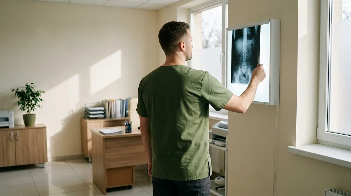 Praticien examinant un cliché de colonne vertébrale sur un négatoscope